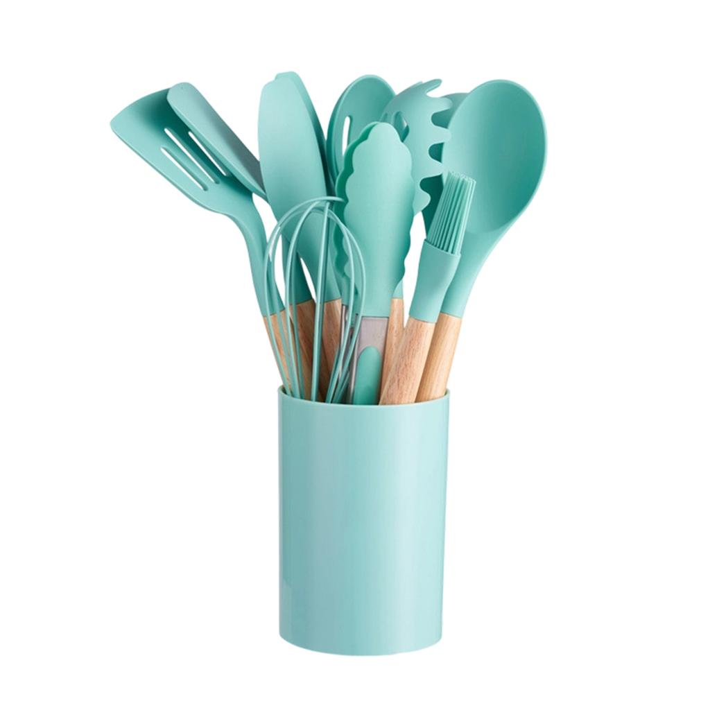Kitchen Utensils Set 12 Pieces Nonstick Silicone Cooking Utensils Wood Handle Silicone Cooking Utensils Set With Holder Dishwasher Safe