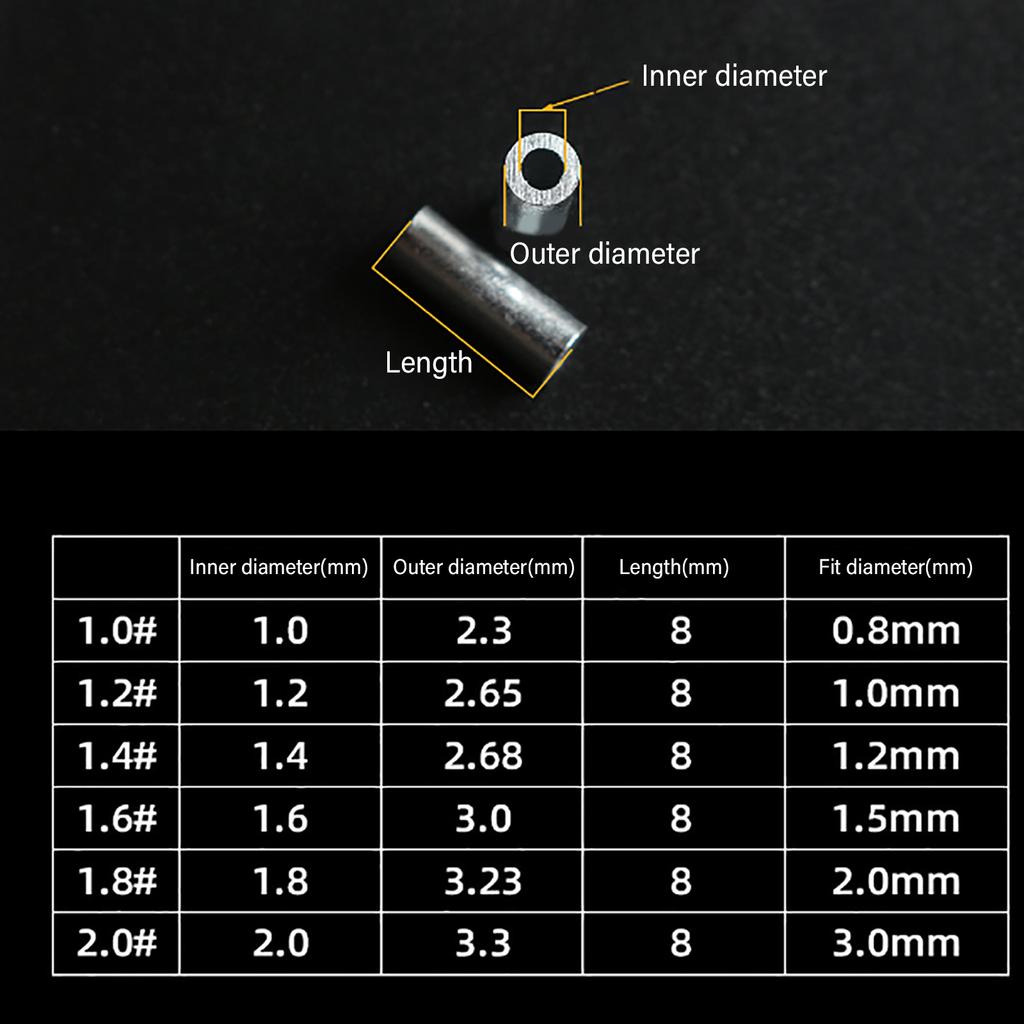 100Pcs Fishing Aluminum Crimp Sleeves Kits Single Barrel Crimping Loop Sleeve Assortment Fishing Line Tube Connector Set