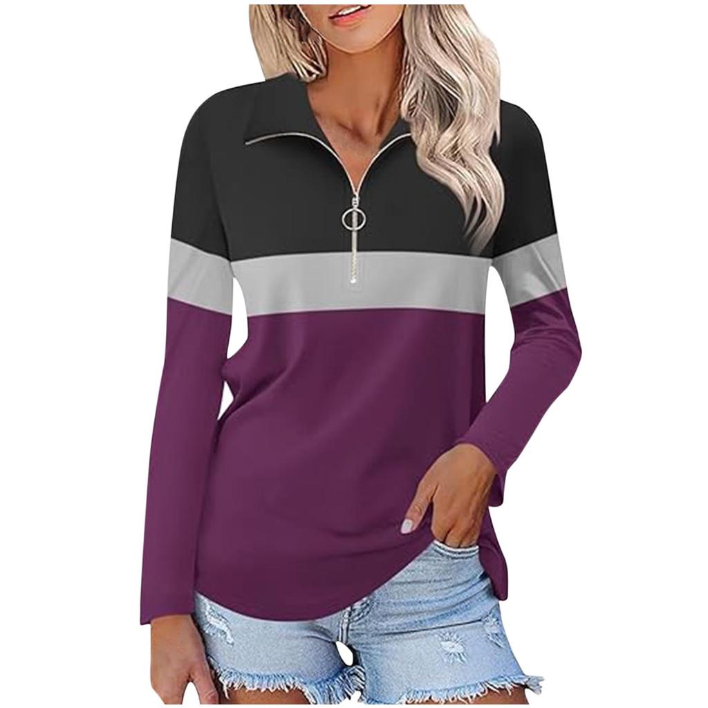 Women's Casual Versatile Fashion Trend Color Matching Zipper Long Sleeve