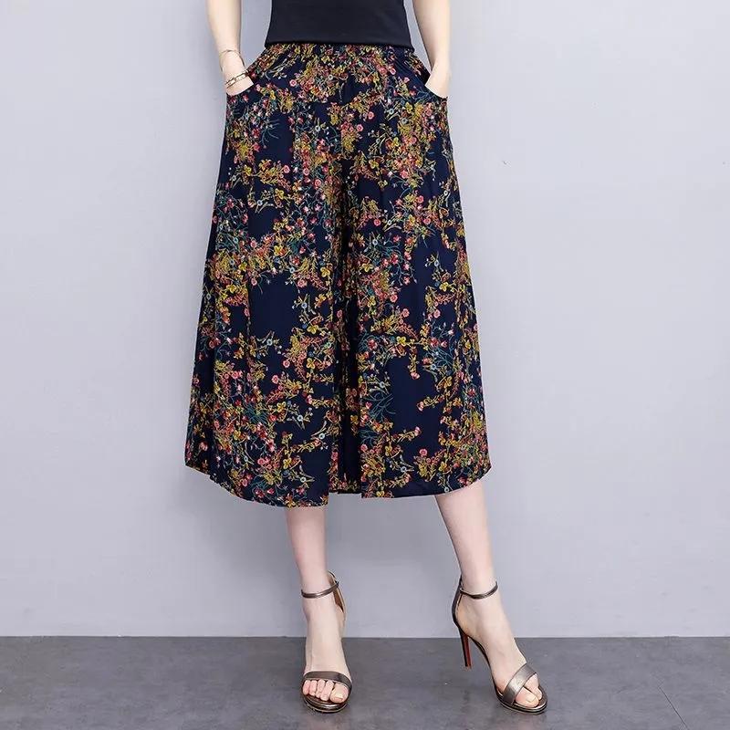 Summer Wide Leg Pants Women Ethnic Style Elastic High Waist Print Pants Female Casual Summer Calf-Length Pants Skirts