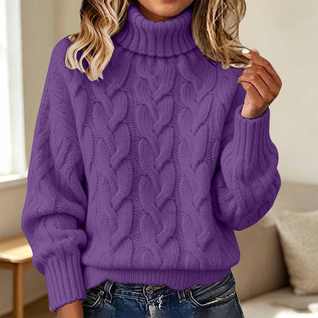Damen-Strickpullover mit Rollkragen, langen Ärmeln, einfarbig und mit Zopfmuster