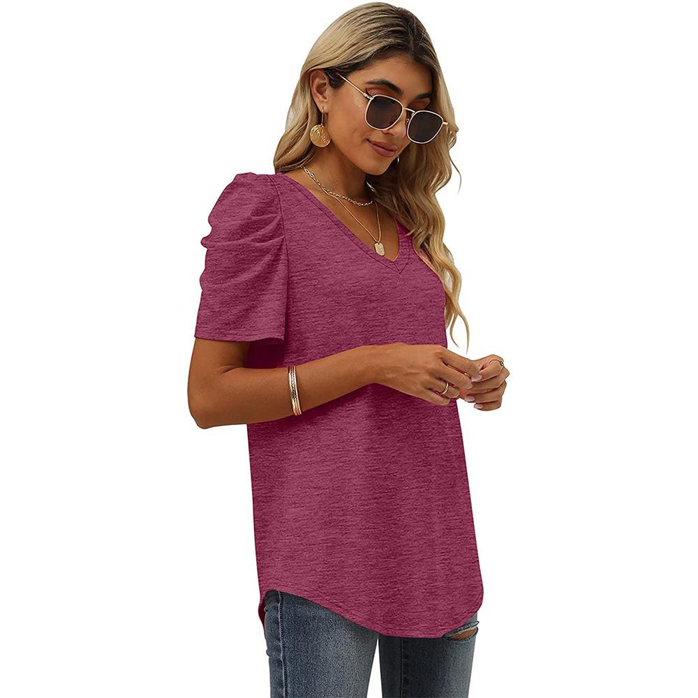 2024 European & American Style Ruched Patchwork V-Neck Short-Sleeve Women's T-Shirt