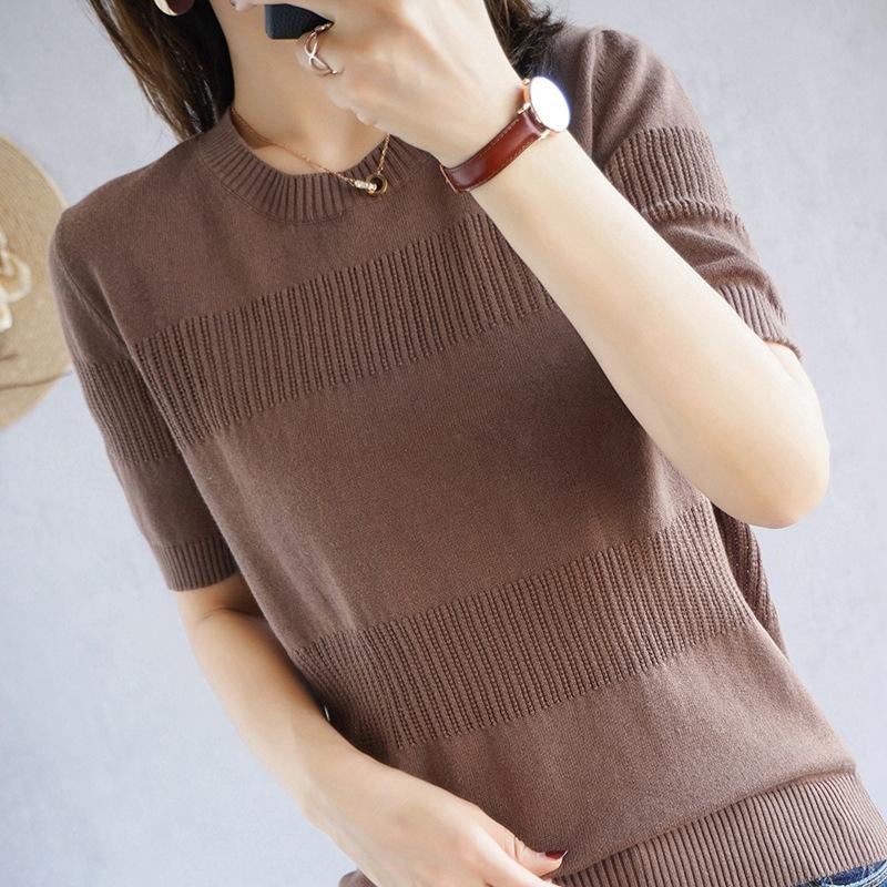 Round Neck Cotton Thread Short-sleeved Knitted T-shirt for Women's Summer Pullover Half-sleeved Loose and Versatile Fashionable Vest Top