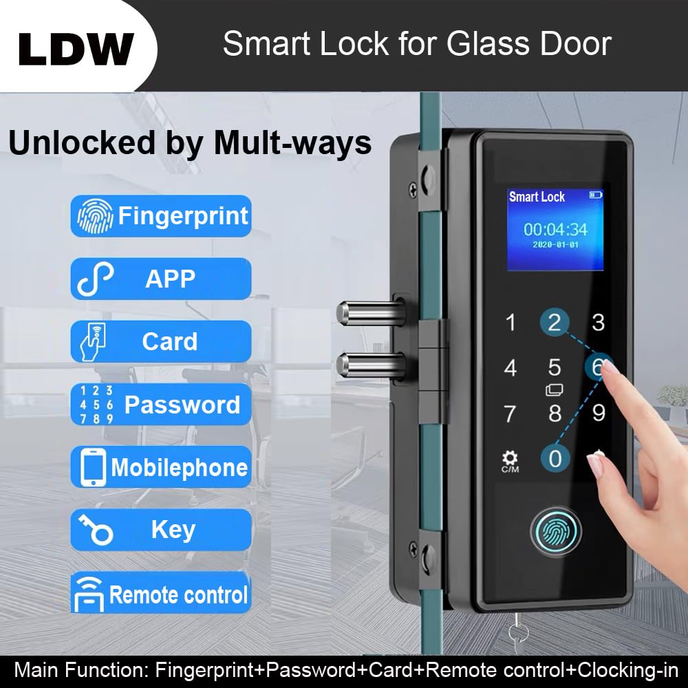 LeadwayTek Smart Glass Digital Lock, Intelligent Biometric Electronic Door Lock, Frameless Entrance Sliding Door Smart Fingerprint Keyless Retrofit, K