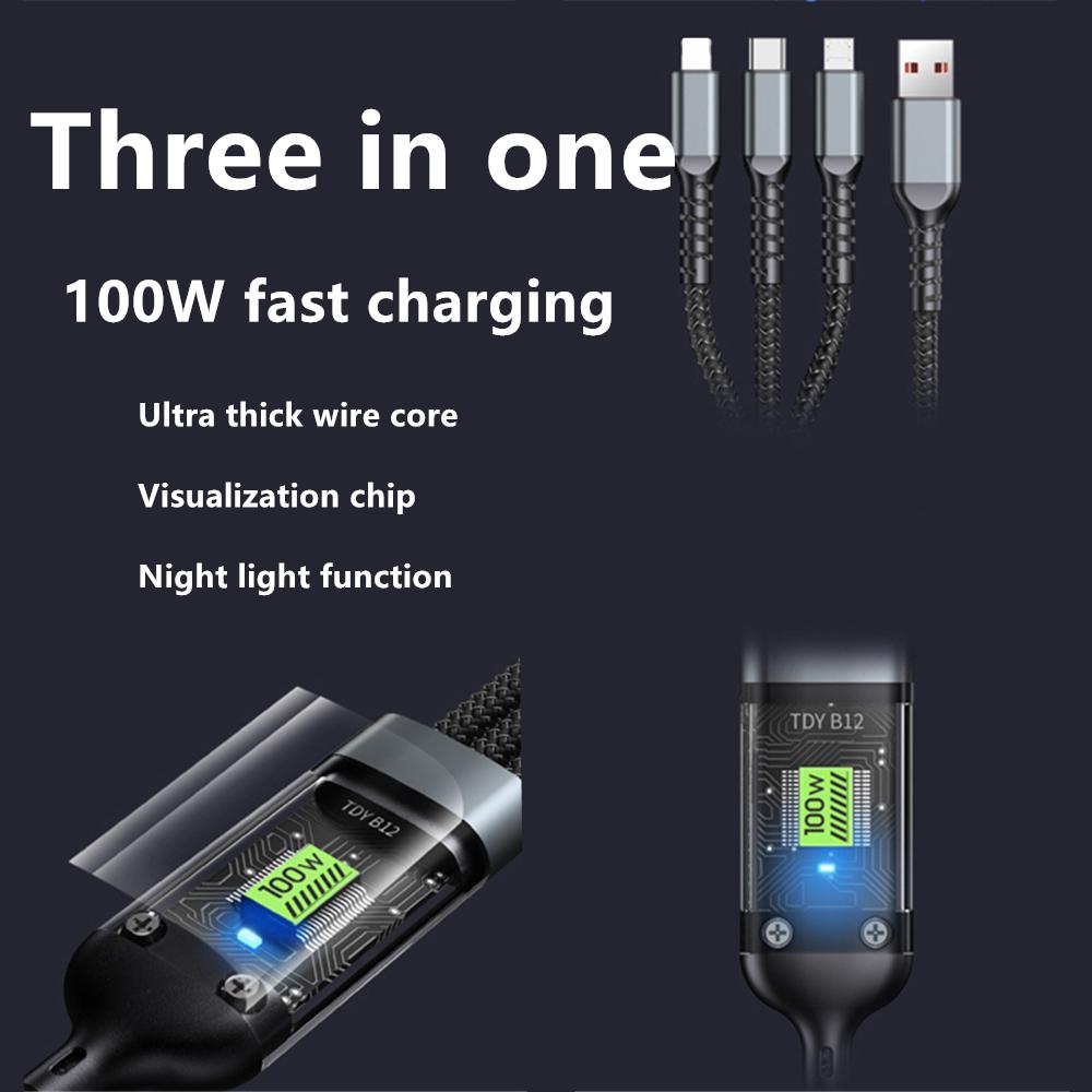 3-in-1 USB 100W Fast Charger Cable Car USB To Type-C Micro LIGHTNING Cable For iPhone 16 15 14 13 Samsung Xiaomi Huawei