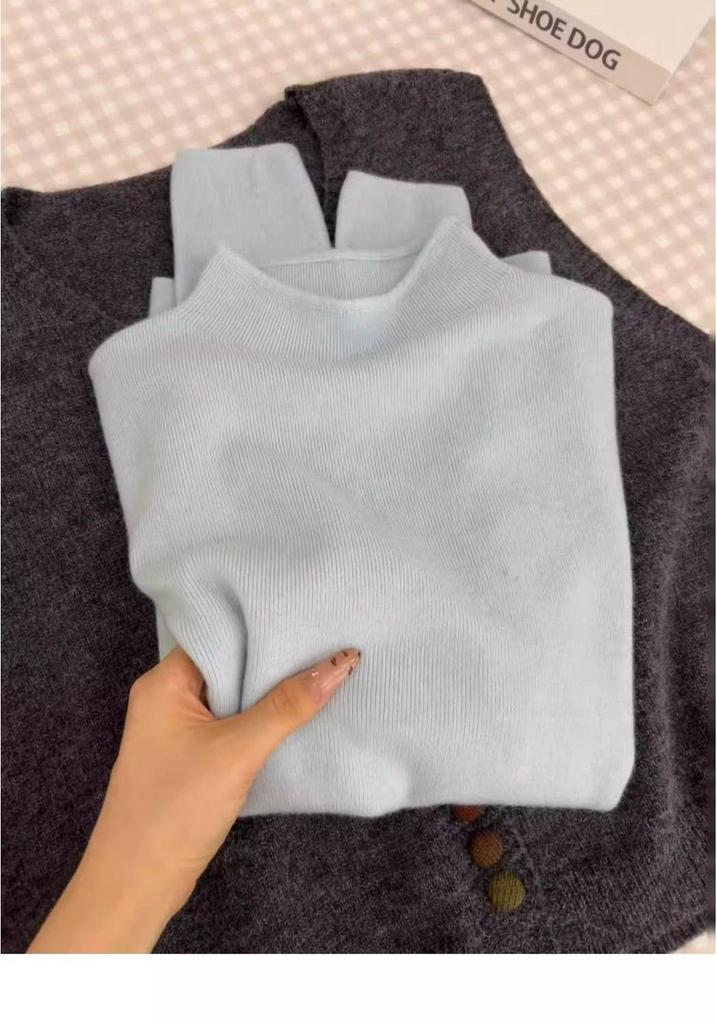 Fufu Korean Style Blue Slim-Fit Knitted Sweater, Semi-High Neck, Soft and Cozy Top for Autumn and Winter 2026.