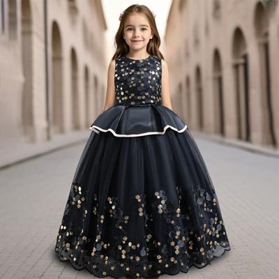 Girls Polka Dot Princess Dress Sequin Temperament Gown Long Poncho High-Low Formal Dress Kids Gorgeous Breathable Mesh Party Outfit