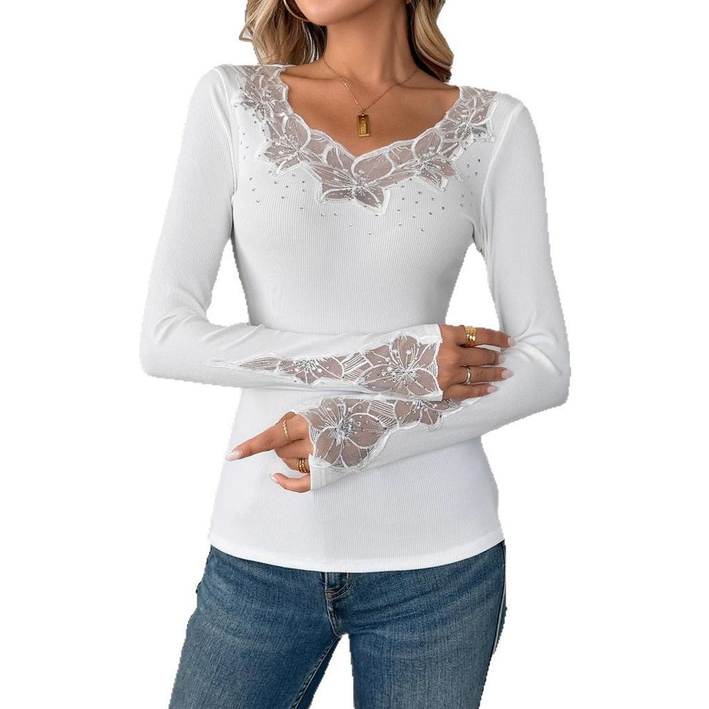 Pure Color Collar and Cuffs Splicing Lace Lace Hot Drilling Long Sleeve T-Shirt Tops for Women Versatile Closet Essential Fashion Items Shirt
