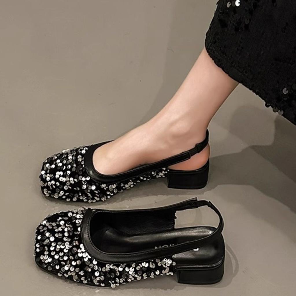 French Bag Head Shallow Mouth Mary Jane Shoes 2025 New Sequined Fairy Style Thick Heel Pedal Sequined Cool Slippers Woman