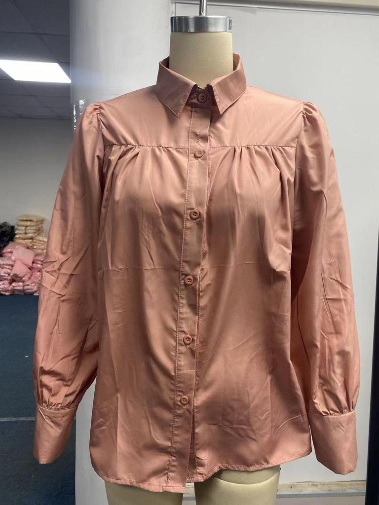 2024 Buckle Top Lantern Sleeve Pleated Solid Color Loose Long Sleeve Stand Collar Shirt for Women