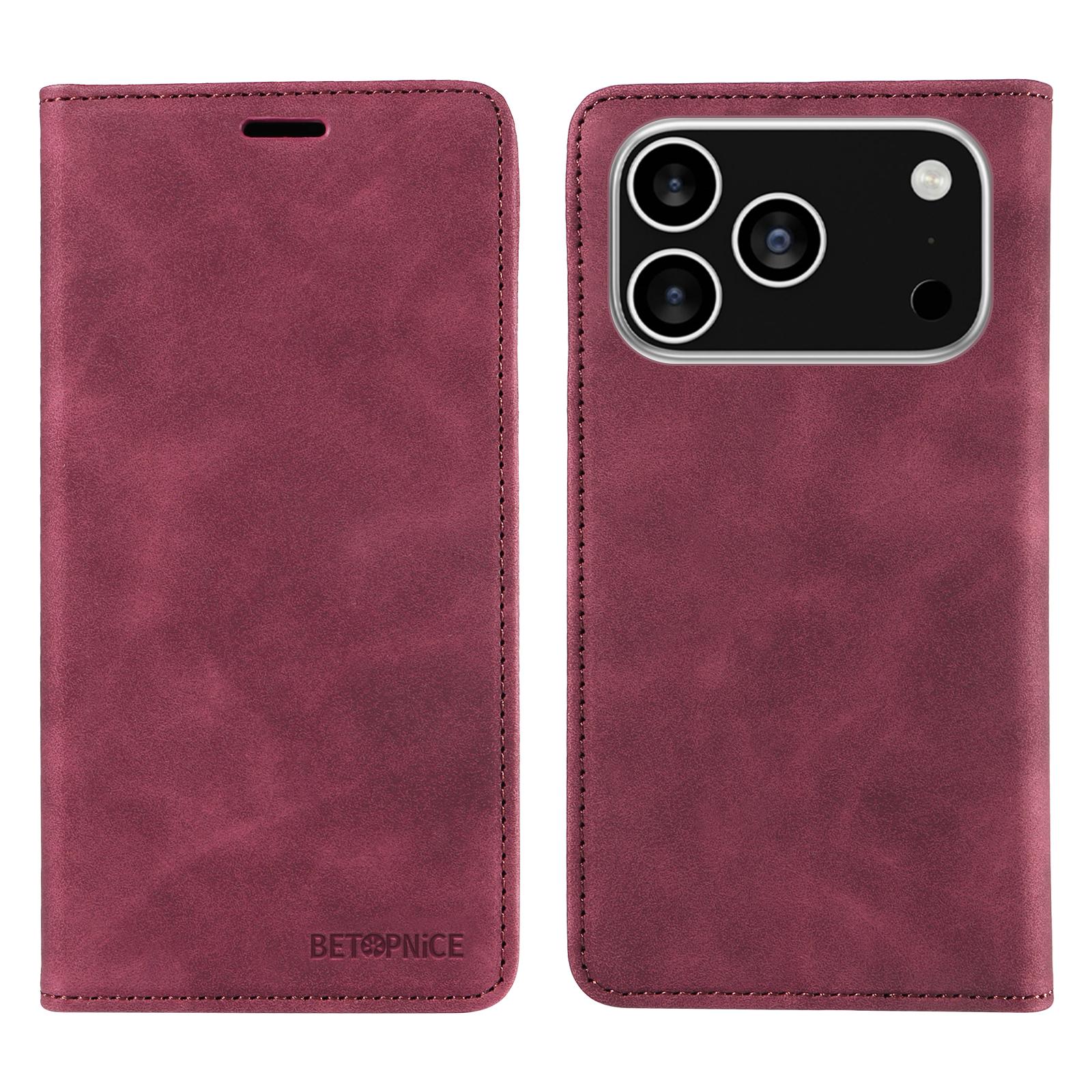 

For iPhone 17 Pro Case BETOPNICE Magnetic Closure RFID Blocking Wallet Stand Leather Phone Cover Red