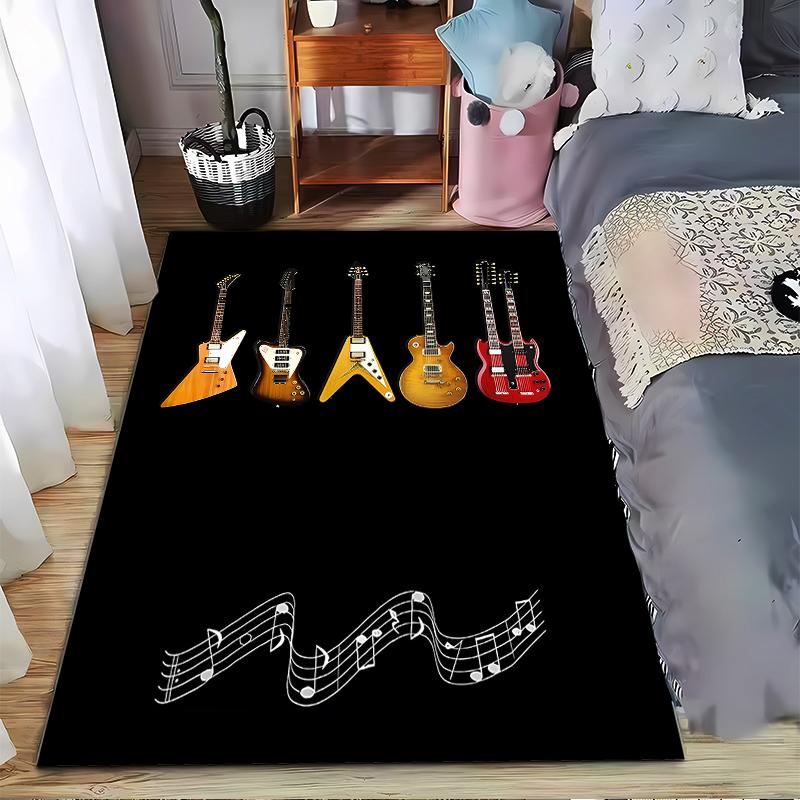 Guitar Pattern Carpet with Musical Notes On Black Background Suitable for Use As an Anti-slip for Living Room Bedroom Sofas