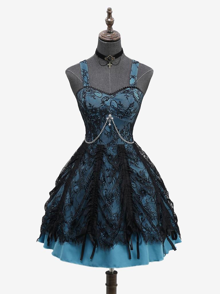 Rosegal Gotické Květinové Krajkové Překrytí Křížový Řetízek Volánky Vrstvené A-Liniové Tankové Šaty