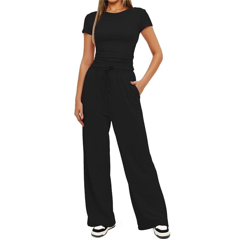 Women's 2 Piece Outfit Short Sleeve T-Shirt Wide Leg Pants Casual Tracksuit