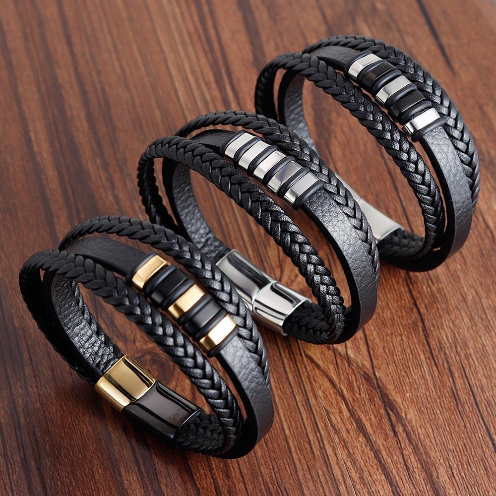 Fashion Male Jewelry Bracelet Multilayer Braid Leather Rope Chain Stainless Steel Magnetic Clasp WristBand Male Jewelry