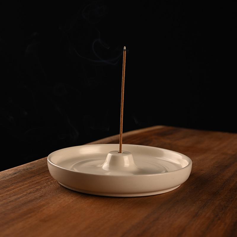 Ceramic Round Incense Holder for Indoor Use - Japanese Style Incense Burner with Line Design.