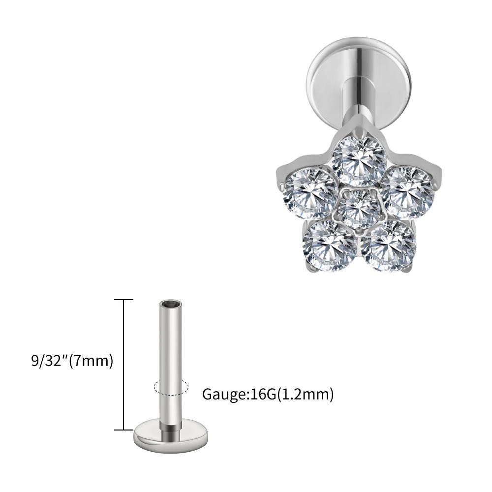 Right Grand ASTM F136 Titanium 5 CZ Flower Lip Labret Monroe Stud 16G Floral Cartilage Helix Earring Flat Back Piercing Jewelry