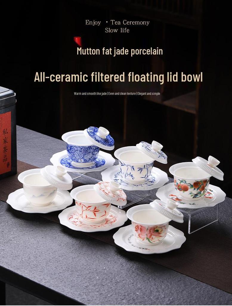 Large Dehua Mutton Fat Jade Ceramic Tea Bowl Set with Three Talents Lid