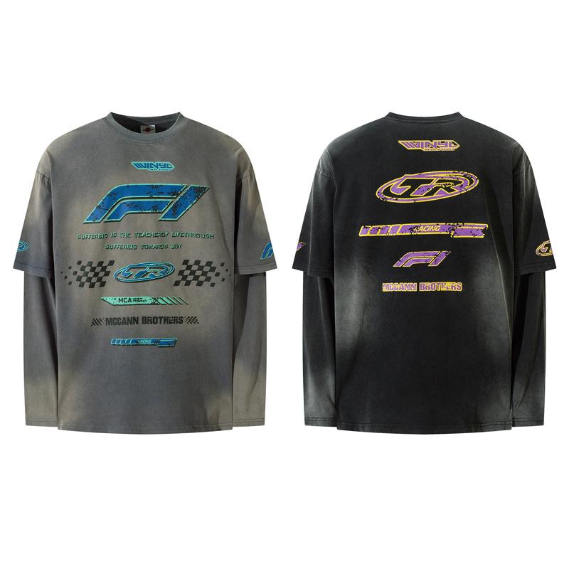 American Racing Retro Distressed Long Sleeve Tee - Hip Hop Streetwear with Cracked Letter Print and Fake Two-Piece Design