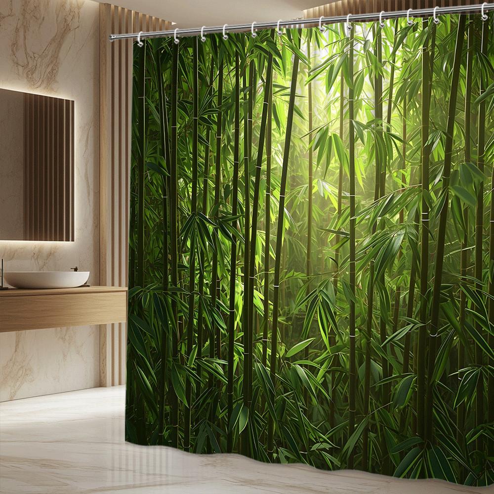 Lush Bamboo Forest Shower Curtain Natural Green Leaves Pattern Waterproof Easy To Install Enhance Your Space Non-Toxic