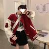 Women's Retro Red European Windproof Embroidery Fleece Jacket, A-Line, Round Neck, Autumn/Winter