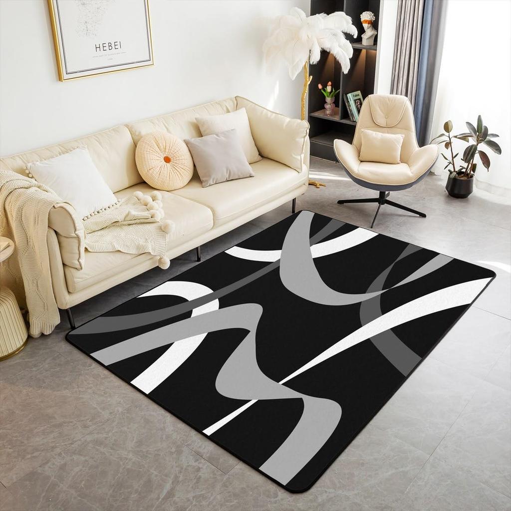 Modern Abstract Curve Print Area Rug, Black Pink & White Design Non-Slip Floor Mat for Living Room Bedroom Home Decor Carpet