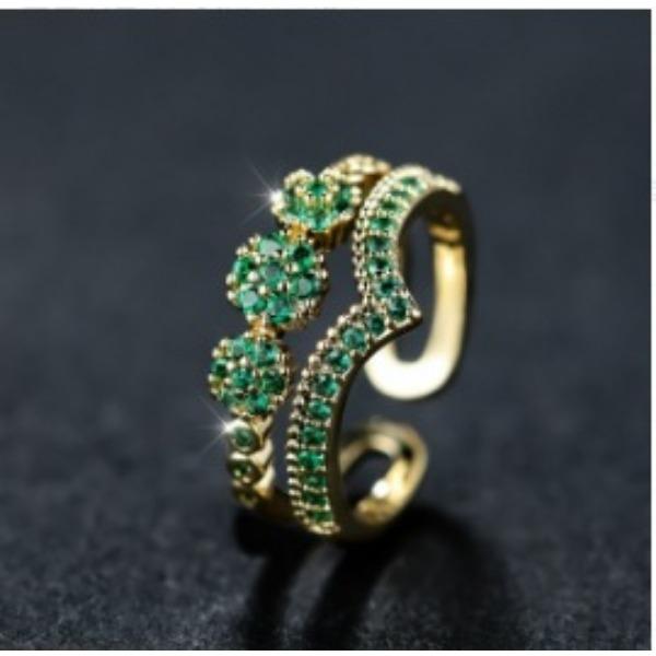 Golden Double Layer V Shaped Open Ring Fashionable Personalized Versatile Micro Inlaid Zircon Ring
