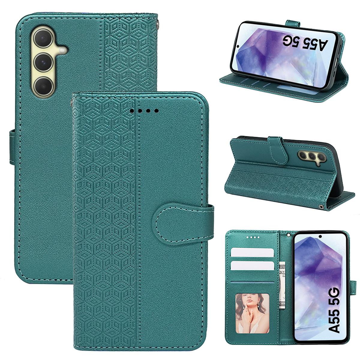 

For Samsung Galaxy A55 5G Case Cubic Grid Imprint PU Leather Wallet Phone Cover Green