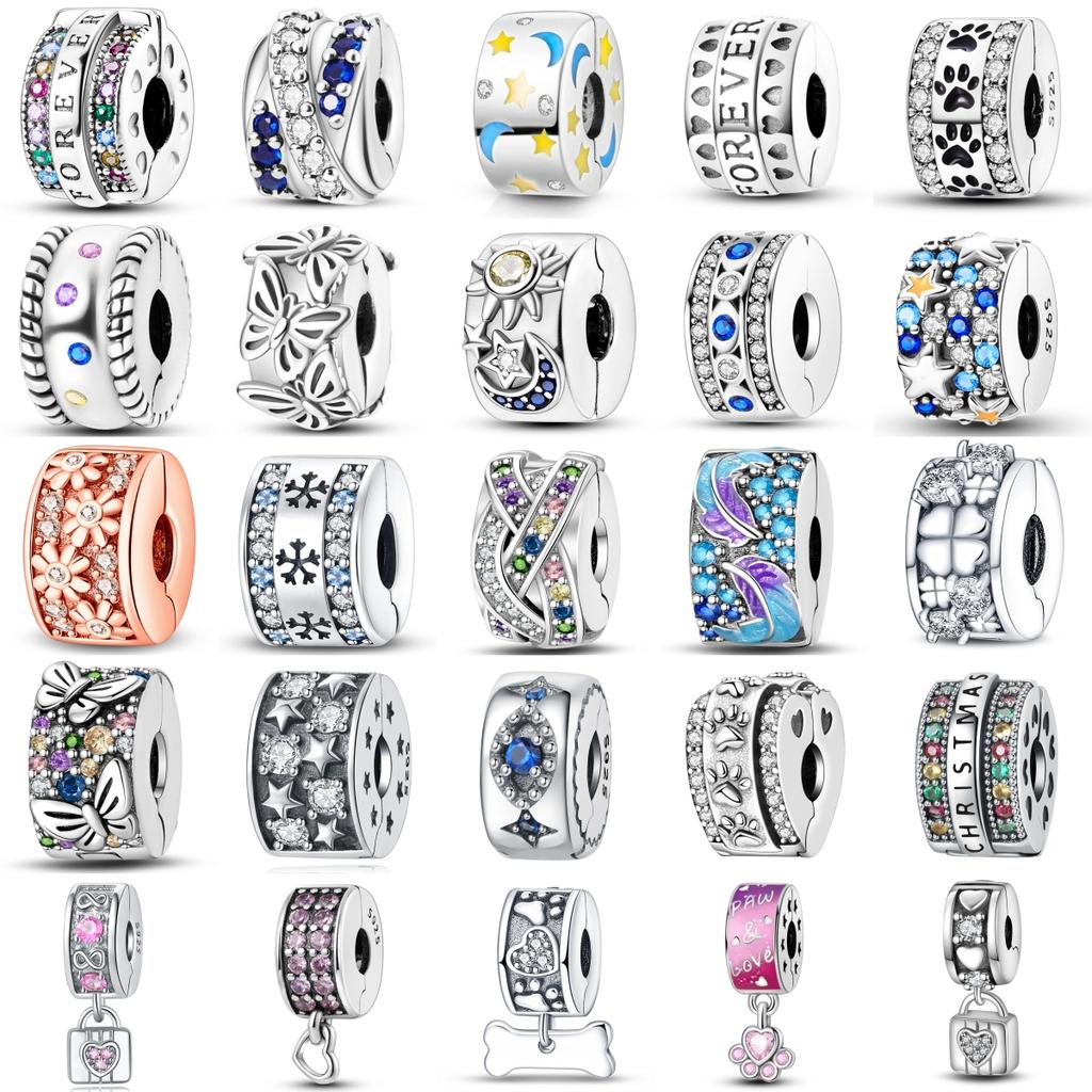 Silver Clasp 925 Silver Pave Clip Charms Colored Beads Stopper Safety Chain Fit Original Bangle Bracelet Jewelry Clip