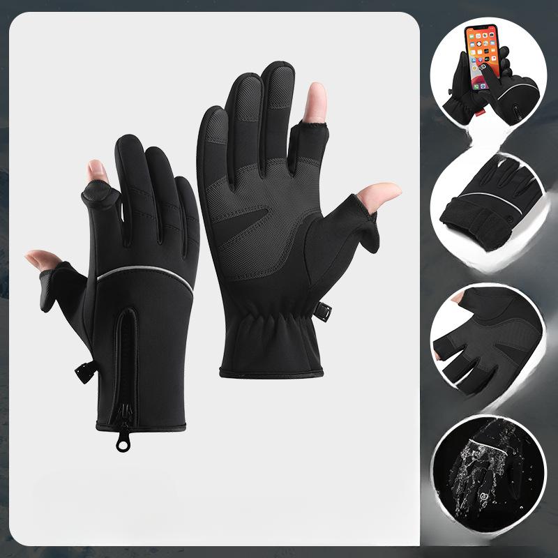 Cycling Gloves Men's Winter Zipper Touch Screen Windproof and Warm Waterproof Cycling Sports Plus Fleece Ski Gloves Adjustable