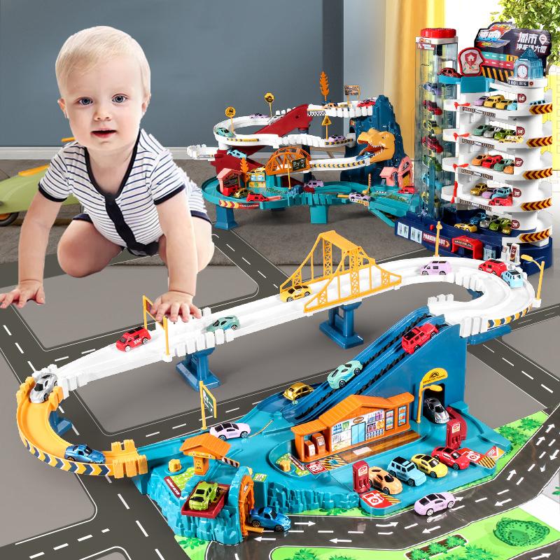 Elektrische Schienenfahrzeug Gebäude Parkplatz Abenteuer Dinosaurier Kurvige Straße Rennbahnfahrzeug Spielzeug Kinder Gehirn Mechanisches Spielzeug Geschenke