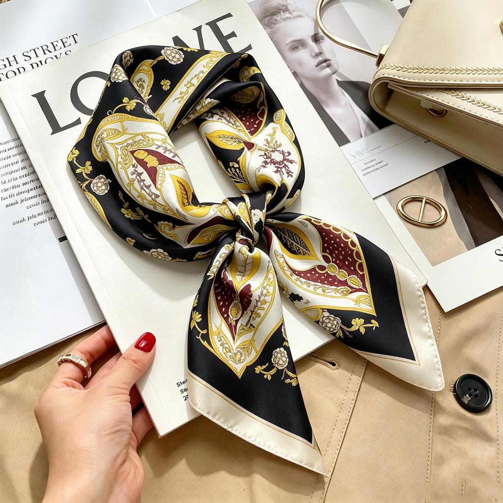 Commuter elegant flower silk scarf women's contrasting color retro printing satin scarf shirt with multi-purpose decorative small scarf