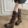 [Fanfna] Pleated Pile Boots Women's Belt Buckle Thick Bottom But Knee Knight Boots Skinny and Height Boots