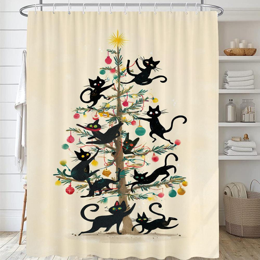 Christmas Shower Curtain,Winter Christmas Shower Curtains for Bathroom,Cute Christmas Cat Shower Curtain,with Hooks