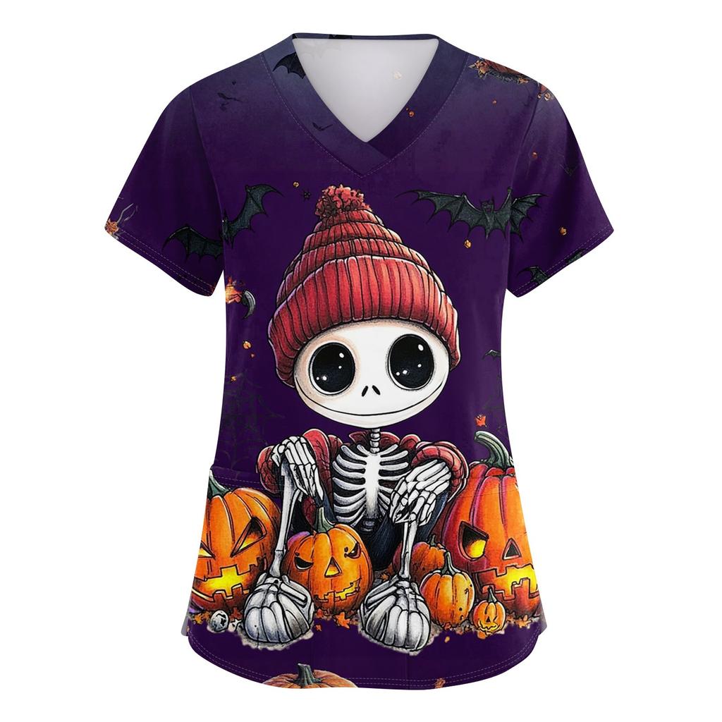 Women's V-neck Halloween Printed Short-sleeved Pocket Side-slit Protective Suit Top