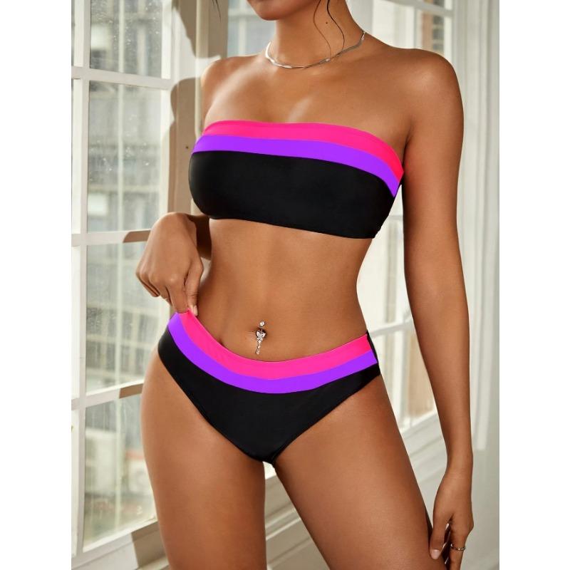 Sexy Bandeau Bikini 2025 Women Black Patchwork Striped Push Up High Waist Swimsuit Summer Bathing Suit 2 Piece Swimwear Biquini