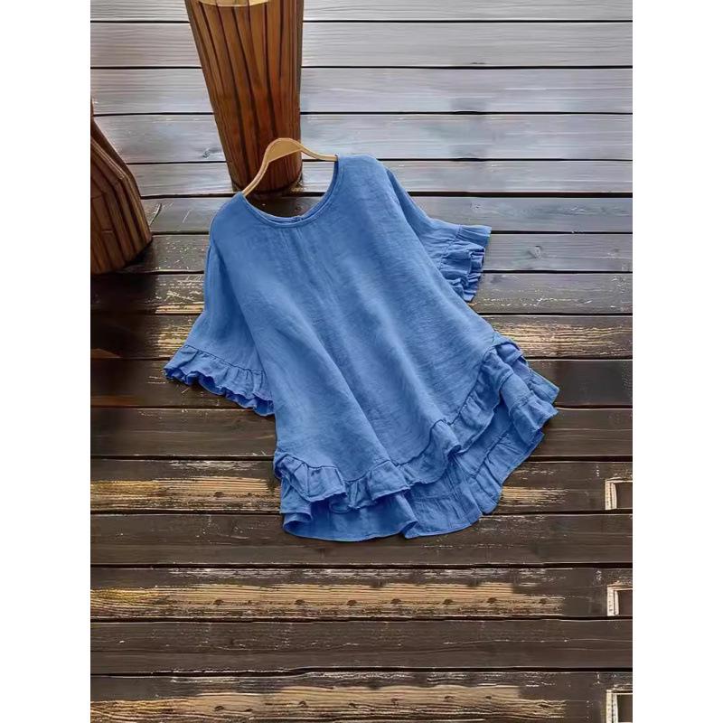 Cross2026 Women's Loose Ruffle Short Sleeve Button-Up Round Neck Shirt