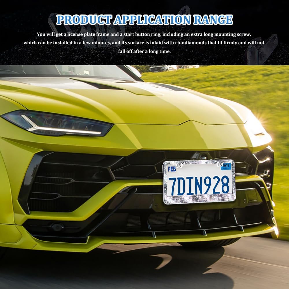 Bling License Plate Frame for Women, License Plate Holder, Sparkly Rhinestone Diamond Tag Holder Frames with Crystal Screws Caps, Stainless Steel