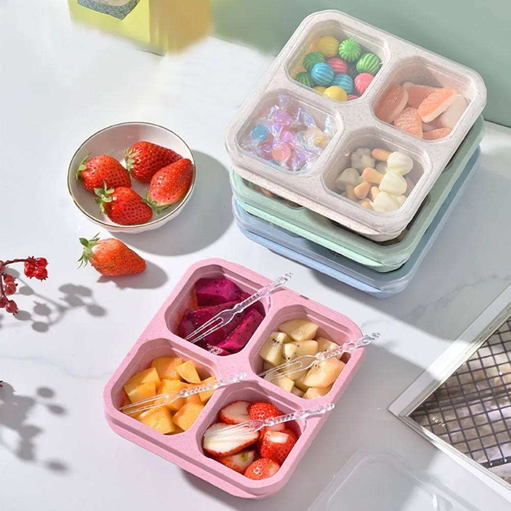 4-Grid Wheat Straw Snack Storage Box With Lid Stackable Anti-Slip Fruit Container For Kitchen Or Office