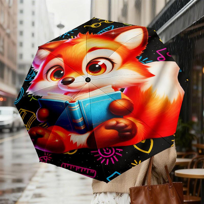 1pc Fox Book Pattern Umbrella Design Automatic Opening and Closing Umbrella, High-quality Travel Umbrella, C1128136