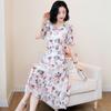 Women's Summer Dress Large Size Chiffon Print Round Neck Short Sleeve Skirt Length To Calf
