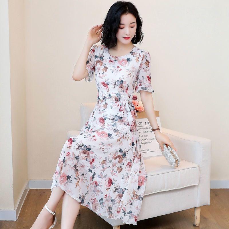 Women's Summer Dress Large Size Chiffon Print Round Neck Short Sleeve Skirt Length To Calf