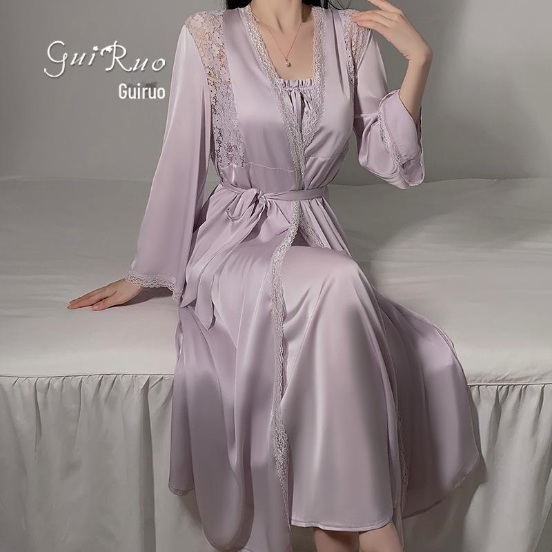 Guiruo Lace-Trimmed Deep V Nightdress Set with Chest Pads
