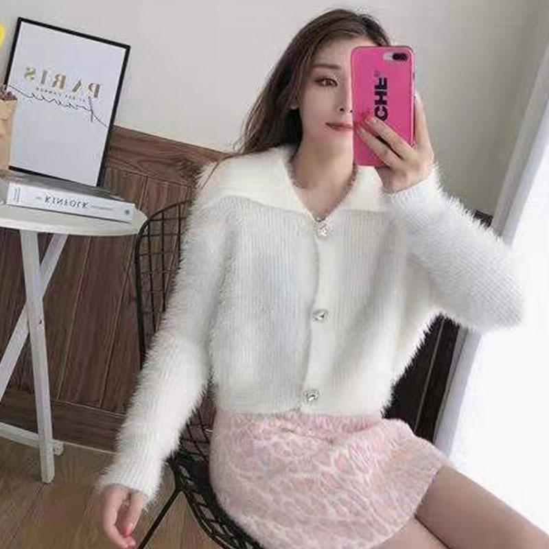 Mink Fleece Cardigan Sweater Women Polo Short Soft Waxy Autumn Solid Diamond Button Knitted Cardigan Small Fragrant Sweater Coat