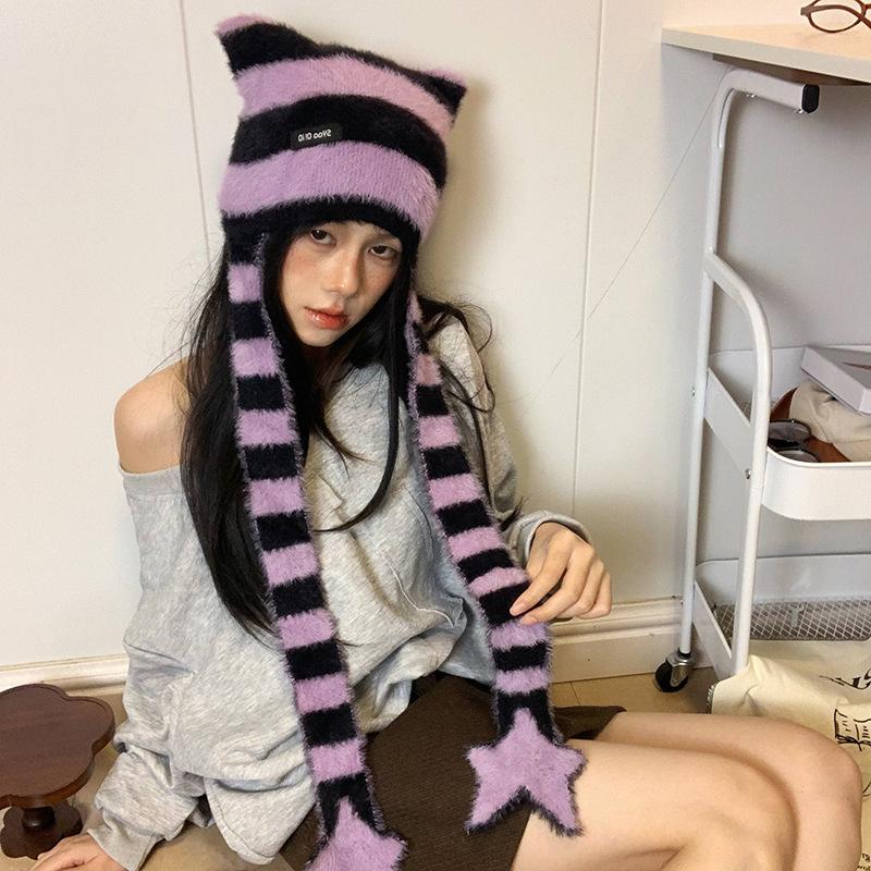 Субкультура Y2K Девушка Сладкий Крутой Стиль Шляпа Звезда Полосатая Плюшевая Вязаная Шапка