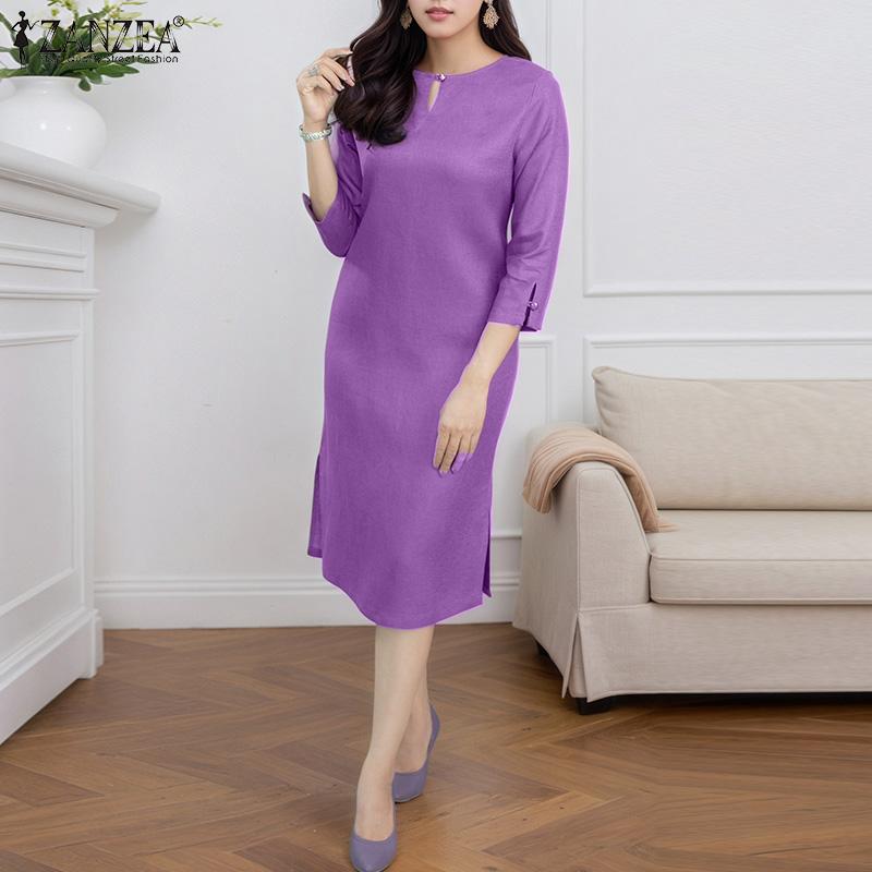 ZANZEA Women Casual Round Neck Loose Summer 3/4 Sleeve Cotton Dress