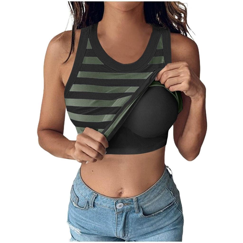 Women's Fashion With Bra Round Neck Striped Vest Sexy Bottom Top
