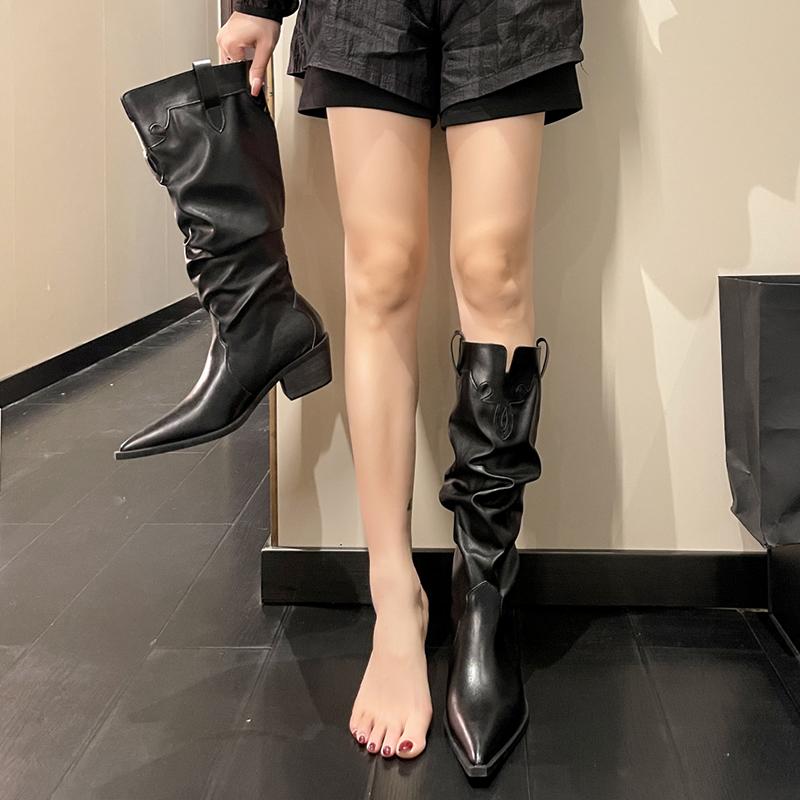 Fashion Pleated Thick Heels Boots Women 2025 Autumn Pointed Toe Pu Leather Mid Calf Boots Woman Gothic Slip on Designer Shoes