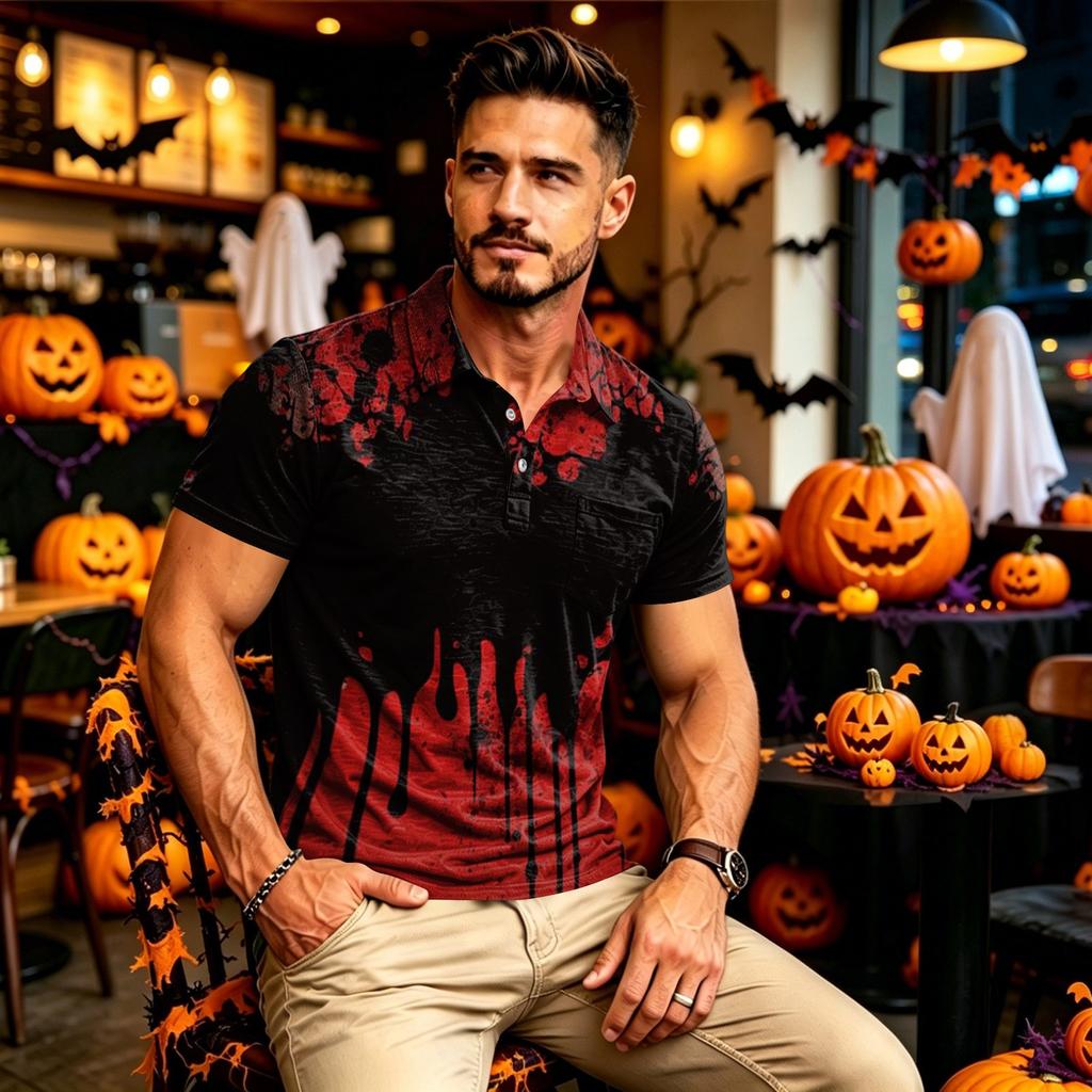 Men's Halloween Shirt with Pocket Casual Short Sleeve Button Down Top for Holiday Parties