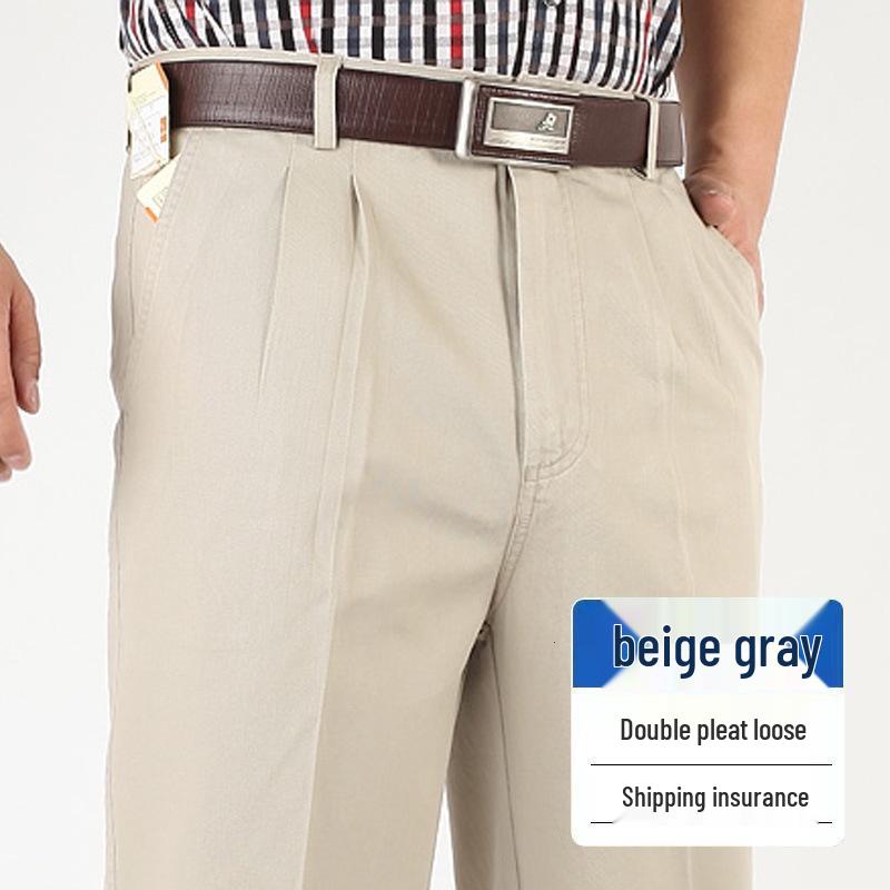 Dad's Pants Men's High Waist Cotton Double Pleated Loose Fit Pants for Spring & Autumn